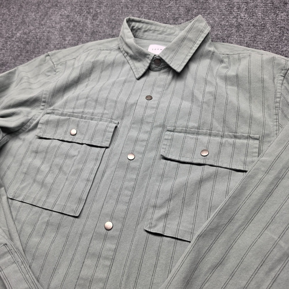 Topman Men Medium Sage Green Pinstripe Snap Button Work Overshirt Long Sleeve M